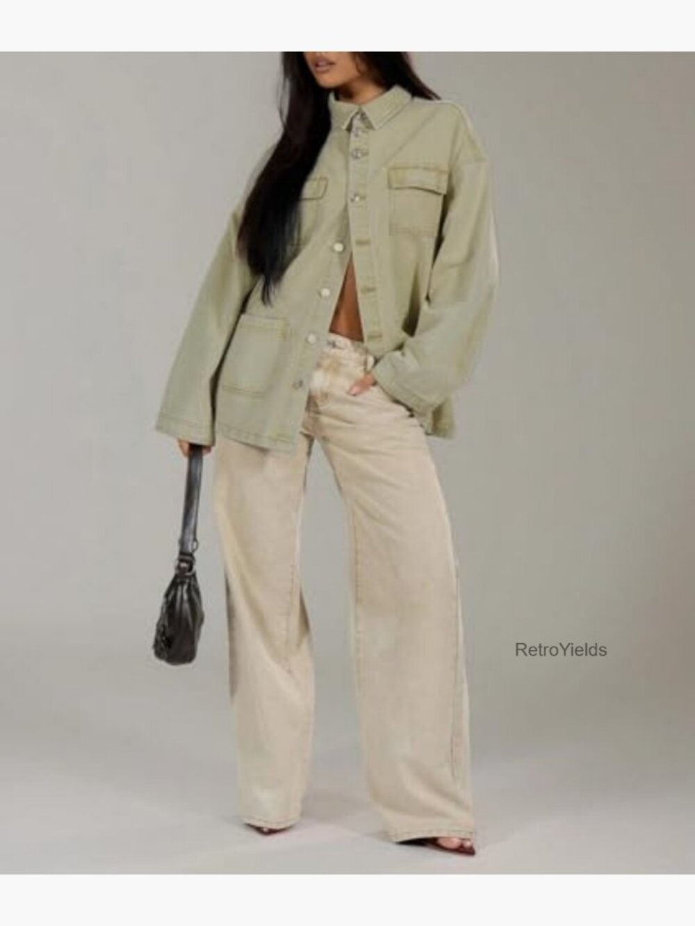 Oversized Cargo Button Down Shacket Denim Jacket with Pockets - Picture 3 of 7